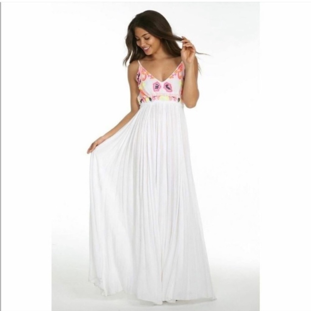 NWT RAGA White Maxi Dress with Embroidered Floral Detailing